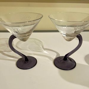 2 IDOL VODKA Amethyst Martini Glasses CURVED PURPLE STEM FRANCE